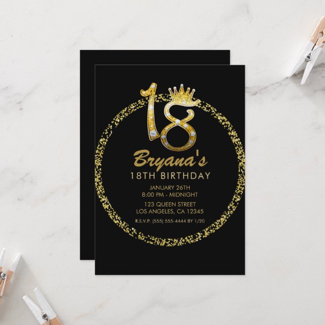 Gold Glitter Glam Diamond Bling Sparkle 18th 18 Invitation (Front/Back In Situ)
