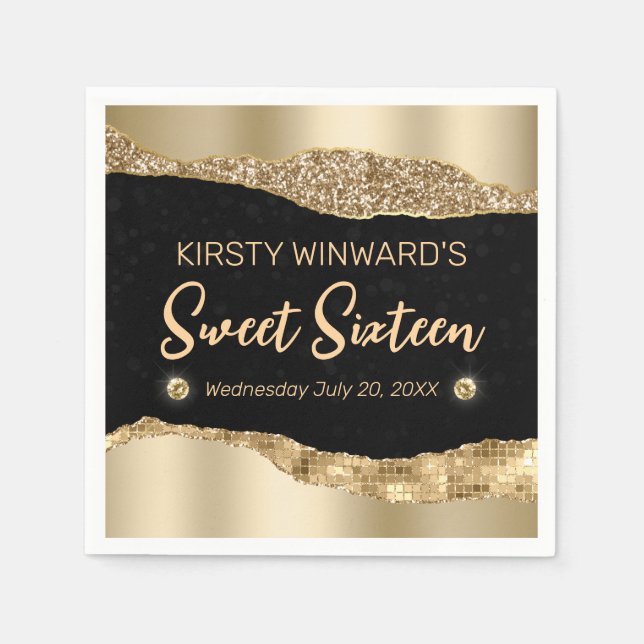 Gold Glitter Glam Edge & Diamonds Sweet 16  Napkins (Front)