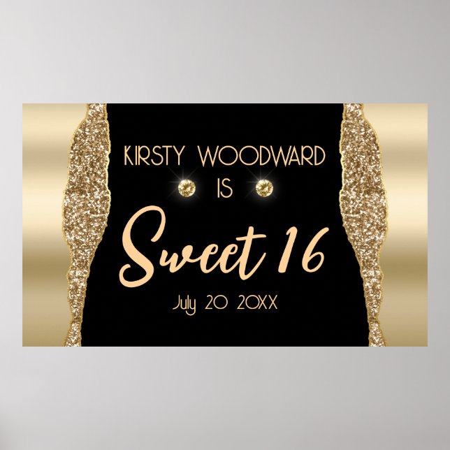 Gold Glitter Glam Edge & Diamonds Sweet 16 Poster (Front)
