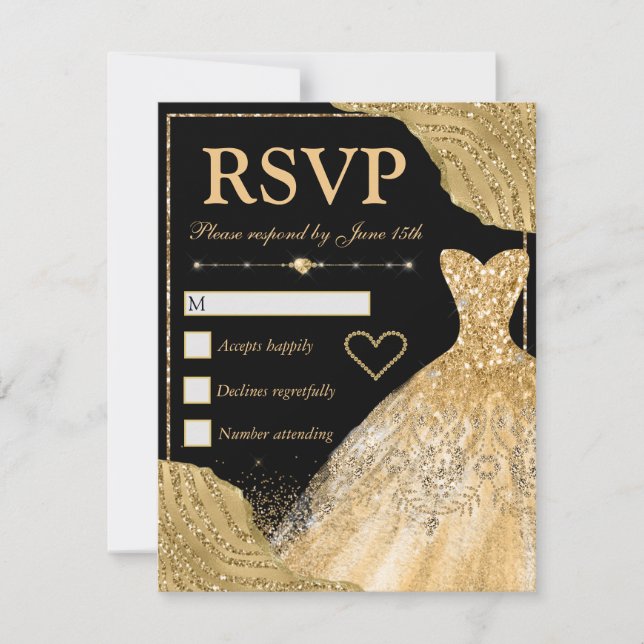 Gold Glitter Glam Edges & Dress Sweet 16 RSVP Card (Front)
