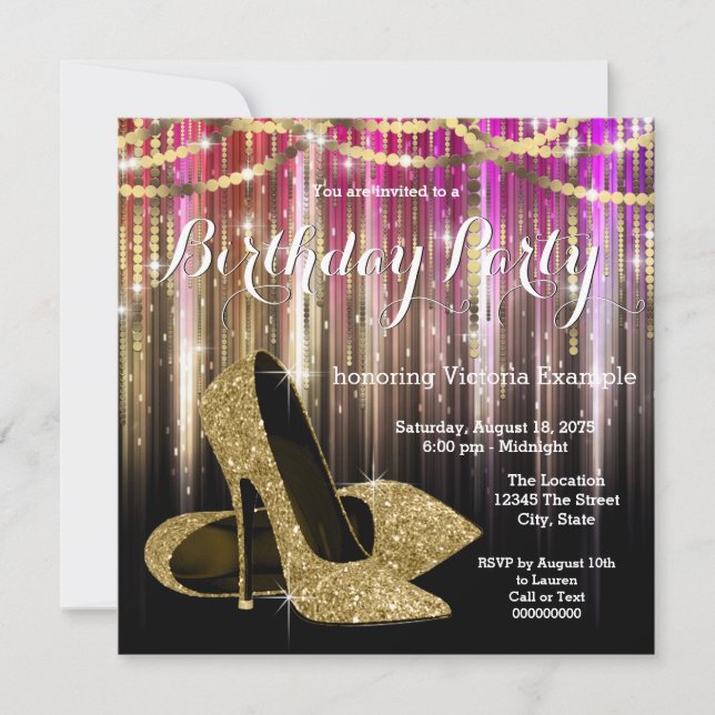Gold Glitter Glam High Heel Shoe Birthday Party Invitation (Front)