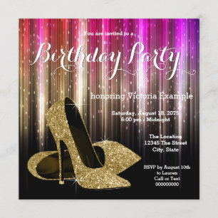 Gold Glitter Glam High Heel Shoe Birthday Party Invitation