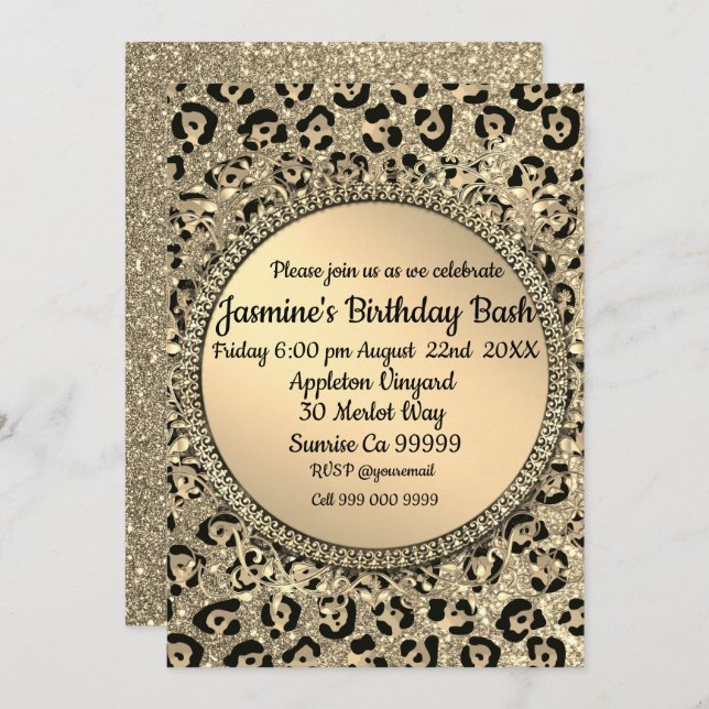 Gold Glitter Glam Leopard Print Birthday  Invitation (Front/Back)