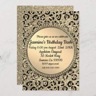 Gold Glitter Glam Leopard Print Birthday Invitation