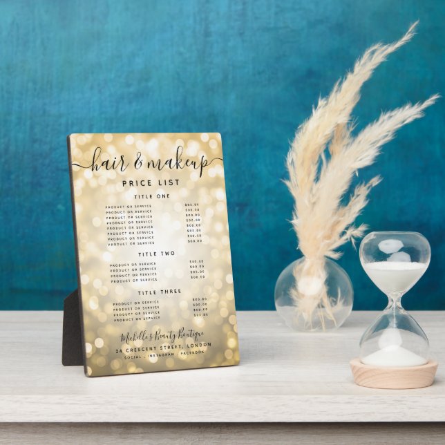 Gold Glitter Glam Lights Salon Price Menu  Plaque (Side)