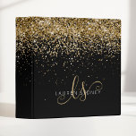 Gold Glitter Glam Monogram Name<br><div class="desc">Glam Gold Glitter Elegant Monogram Binder. Easily personalize this trendy chic binder design featuring elegant gold sparkling glitter on a black background. The design features your handwritten script monogram with pretty swirls and name.</div>