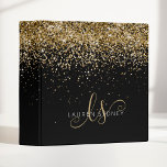 Gold Glitter Glam Monogram Name 3 Ring Binder<br><div class="desc">Glam Gold Glitter Elegant Monogram Binder. Easily personalize this trendy chic binder design featuring elegant gold sparkling glitter on a black background. The design features your handwritten script monogram with pretty swirls and name.</div>