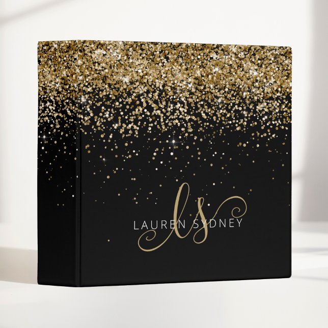 Gold Glitter Glam Monogram Name 3 Ring Binder (Creator Uploaded)