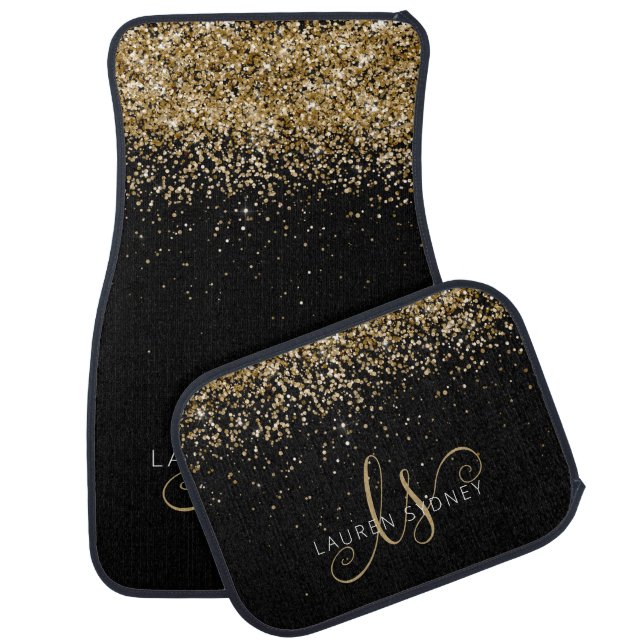 Gold Glitter Glam Monogram Name Car Floor Mat (Set)