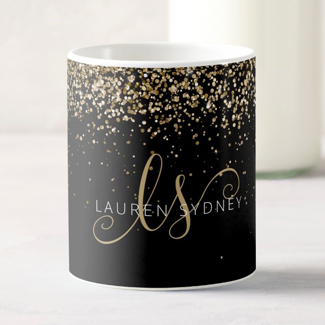 Gold Glitter Glam Monogram Name Coffee Mug (A personalized mug with your monogram in a chic font and gold glitter on a black background.)