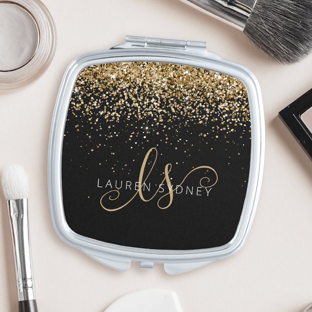 Gold Glitter Glam Monogram Name Compact Mirror (Creator Uploaded)