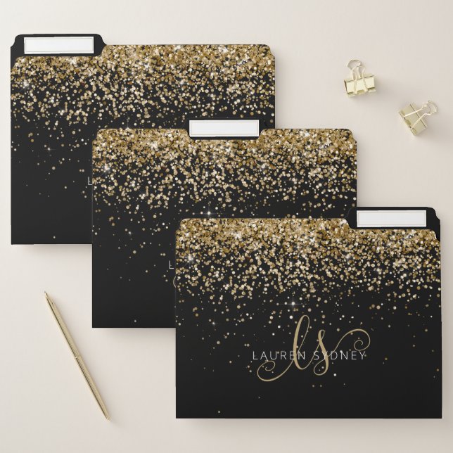 Gold Glitter Glam Monogram Name File Folder (Set)