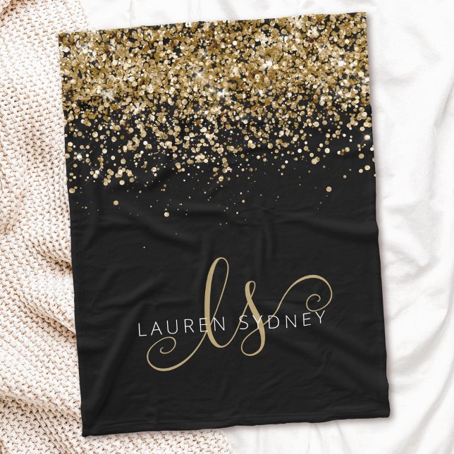 Gold Glitter Glam Monogram Name Fleece Blanket (Creator Uploaded)