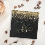 Gold Glitter Glam Monogram Name Glass Coaster<br><div class="desc">Glam Gold Glitter Elegant Monogram Glass Coaster. Easily personalize this trendy chic glass coaster design featuring elegant gold sparkling glitter on a black background. The design features your handwritten script monogram with pretty swirls and your name.</div>
