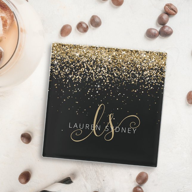 Gold Glitter Glam Monogram Name Glass Coaster (Creator Uploaded)