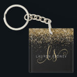 Gold Glitter Glam Monogram Name Keychain<br><div class="desc">Glam Gold Glitter Elegant Monogram Name Keychain 
Easily personalize this trendy chic keychain design featuring elegant gold sparkling glitter on a black background. The design features your handwritten script monogram with pretty swirls and name.</div>