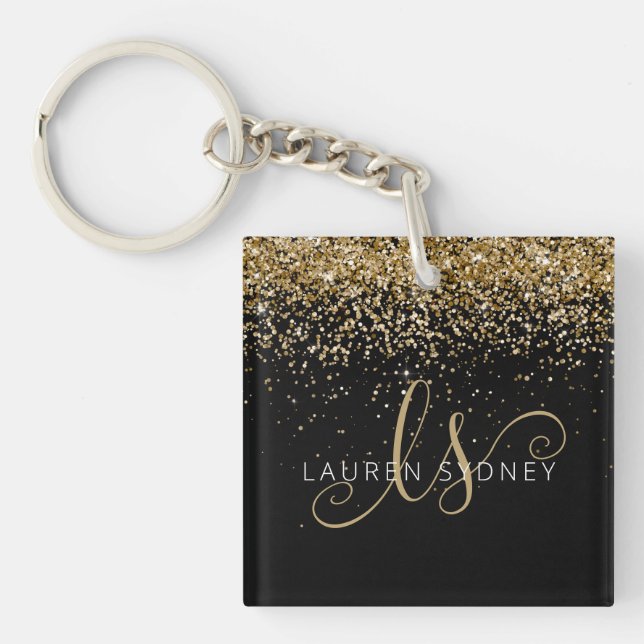 Gold Glitter Glam Monogram Name Keychain (Front)