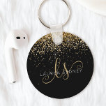 Gold Glitter Glam Monogram Name Keychain<br><div class="desc">Glam Gold Glitter Elegant Monogram Keychain,  Easily personalize this trendy chic keychain design featuring elegant gold sparkling glitter on a black background. The design features your handwritten script monogram with pretty swirls and your name.</div>