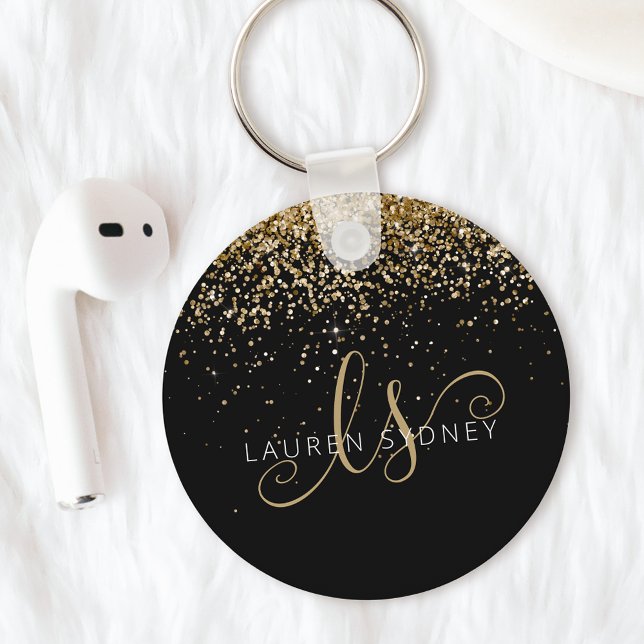 Gold Glitter Glam Monogram Name Keychain (Creator Uploaded)