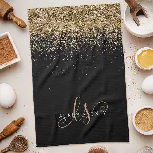 Gold Glitter Glam Monogram Name Kitchen Towel