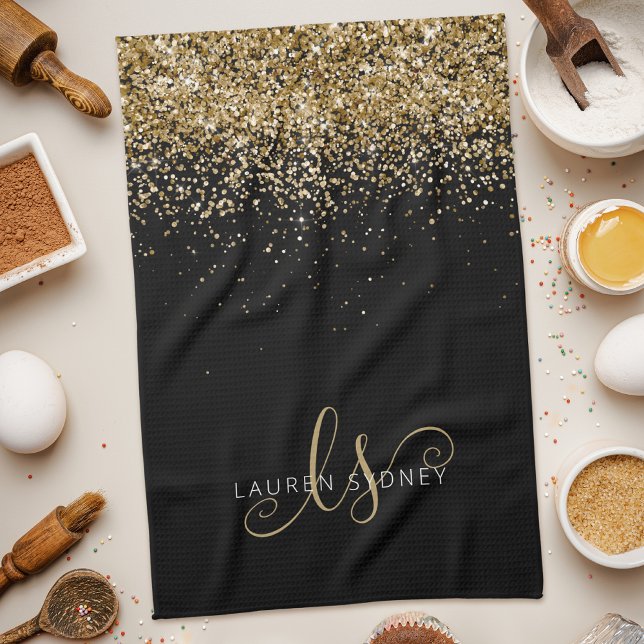 Gold Glitter Glam Monogram Name Kitchen Towel (Creator Uploaded)