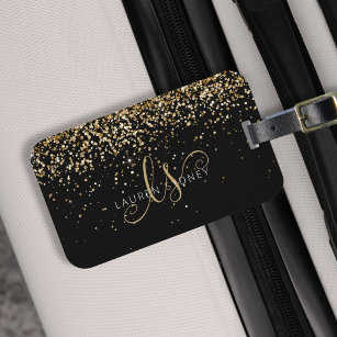 Gold Glitter Glam Monogram Name Luggage Tag