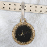 Gold Glitter Glam Monogram Name Pet ID Tag<br><div class="desc">Glam Gold Glitter Elegant Monogram Pet ID Tag. 

Easily personalize this trendy chic pet id tag design featuring elegant gold sparkling glitter on a black background. The design features your handwritten script monogram with pretty swirls and name.</div>