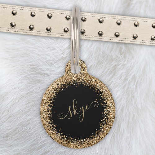 Gold Glitter Glam Monogram Name Pet ID Tag