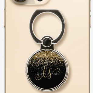Gold Glitter Glam Monogram Name Phone Ring Stand