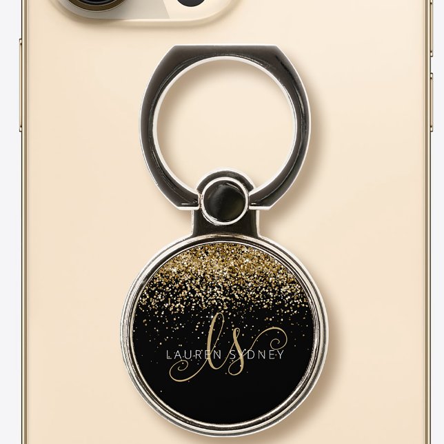 Gold Glitter Glam Monogram Name Phone Ring Stand (Creator Uploaded)