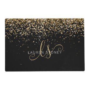 Gold Glitter Glam Monogram Name Placemat