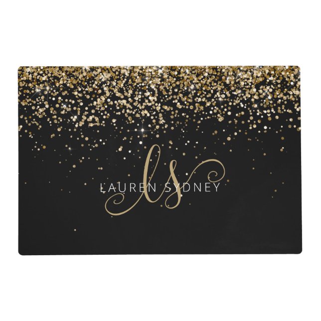 Gold Glitter Glam Monogram Name Placemat (Front)