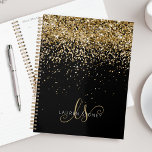 Gold Glitter Glam Monogram Name Planner<br><div class="desc">Glam Gold Glitter Elegant Monogram Planner Easily personalize this trendy chic planner design featuring elegant gold sparkling glitter on a black background. The design features your handwritten script monogram with pretty swirls and name.</div>