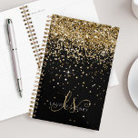 Gold Glitter Glam Monogram Name Planner<br><div class="desc">Glam Gold Glitter Elegant Monogram Planner 
Easily personalize this trendy chic planner design featuring elegant gold sparkling glitter on a black background. The design features your handwritten script monogram with pretty swirls and name.</div>