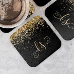 Gold Glitter Glam Monogram Name Square Paper Coaster<br><div class="desc">Glam Gold Glitter Elegant Monogram Paper Coaster. Easily personalize this trendy chic paper coaster design featuring elegant gold sparkling glitter on a black background. The design features your handwritten script monogram with pretty swirls and your name.</div>