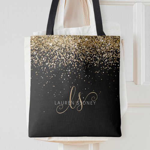 Gold Glitter Glam Monogram Name Tote Bag
