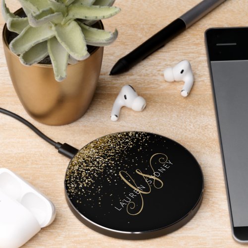 Gold Glitter Glam Monogram Name Wireless Charger