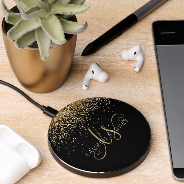 Gold Glitter Glam Monogram Name Wireless Charger (Desk 2)