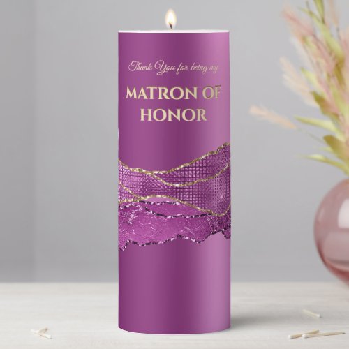 Gold glitter glam purple bridal party Matron Honor Pillar Candle