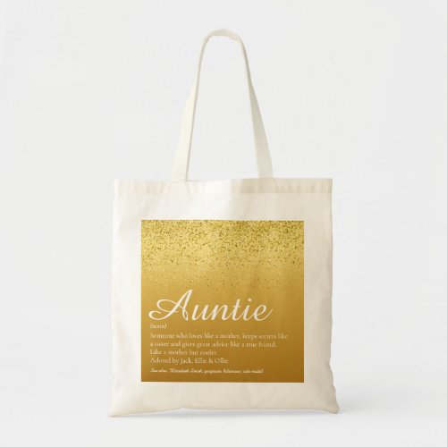 Gold Glitter Glam Script Aunt Auntie Definition Tote Bag