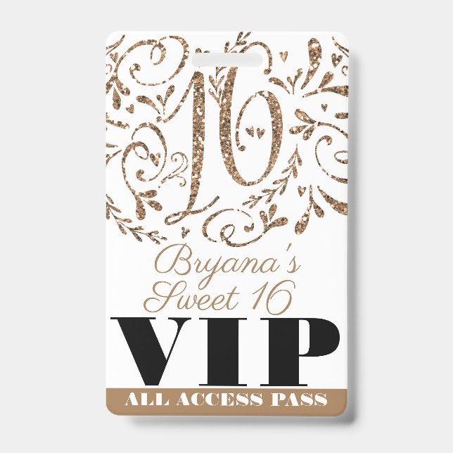 Gold Glitter Glam Sweet 16 Birthday Party VIP Pass Badge (Front)
