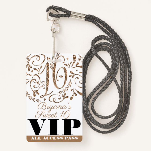 Gold Glitter Glam Sweet 16 Birthday Party VIP Pass Badge (Front with Lanyard)