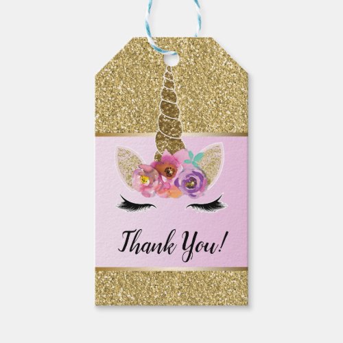 Gold Glitter Glam Unicorn Floral Pink Party Favor Gift Tags