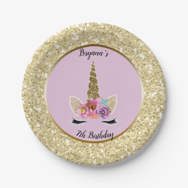 Gold Glitter Glam Unicorn Pink Birthday Party Paper Plates (Front)