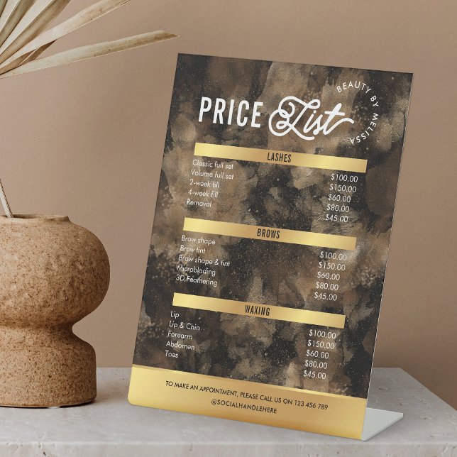 Gold Glitter Glam Watercolor Salon Services Menu Pedestal Sign (Trendy black and gold glitter watercolor style business price list pedestal sign)
