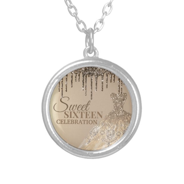 Gold Glitter Glamor Spark Drips Sweet 16 Birthday Silver Plated Necklace (Front)