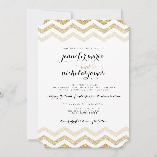 Gold Glitter Glamour Chevron Wedding Invitation (Front)