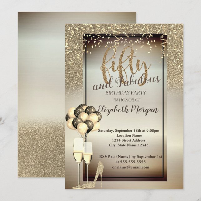 Gold Glitter Glass,Balloons 50th Birthday Party Invitation (Front/Back)