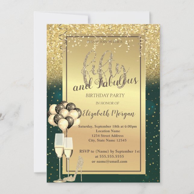Gold Glitter Glass,Balloons Green 50th Birthday  Invitation (Front)
