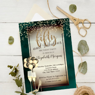Gold Glitter Glass,Balloons Green 50th Birthday Invitation